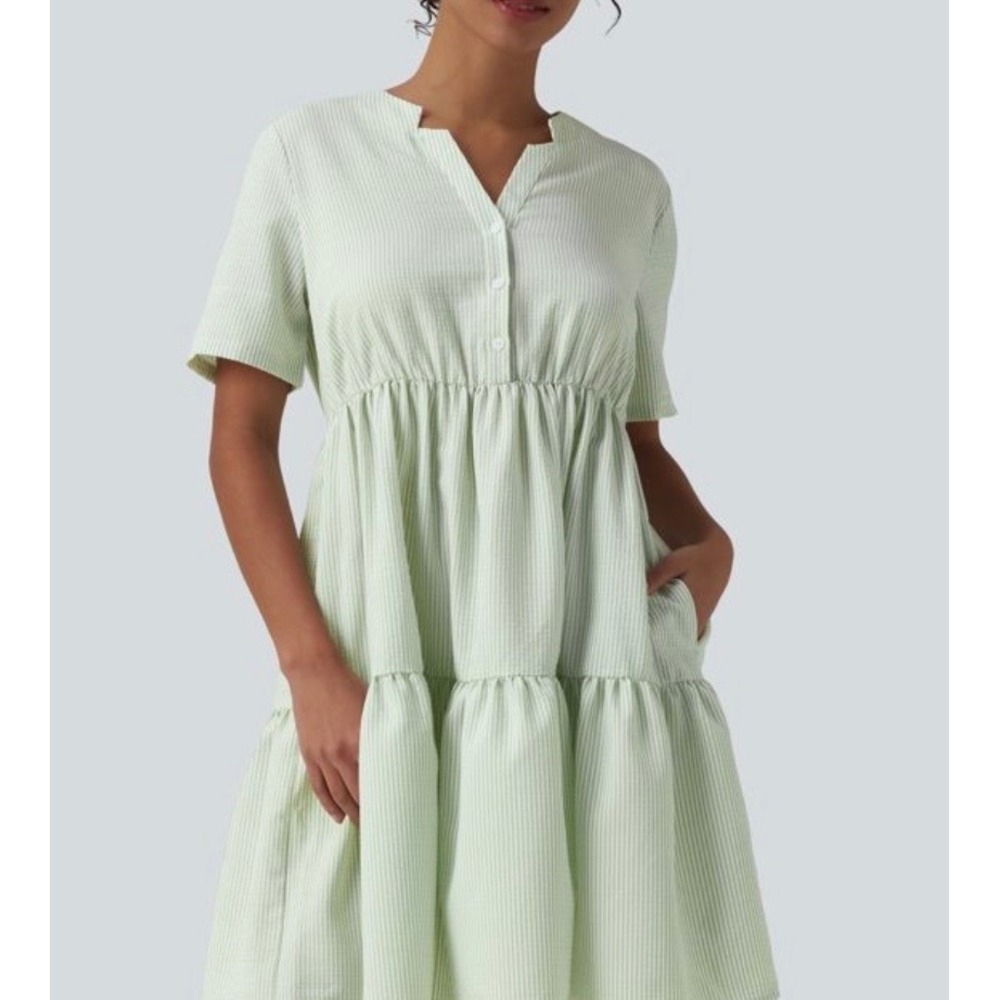 Halara Green White Striped Seersucker Tiered Babydoll Mini Dress XL Pockets